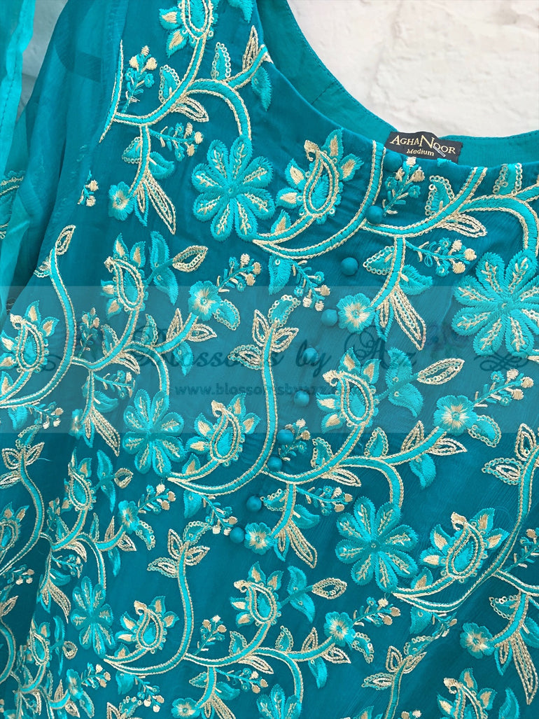Agha Noor Shirt with Agha Noor Dupatta & Plain Straight Pants - Sea Green - Blossoms by Azz