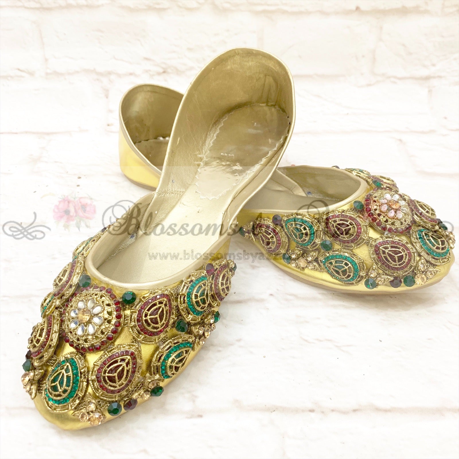 Stone Pumps (Khussa) - 005- Maroon & Green - Blossoms by Azz