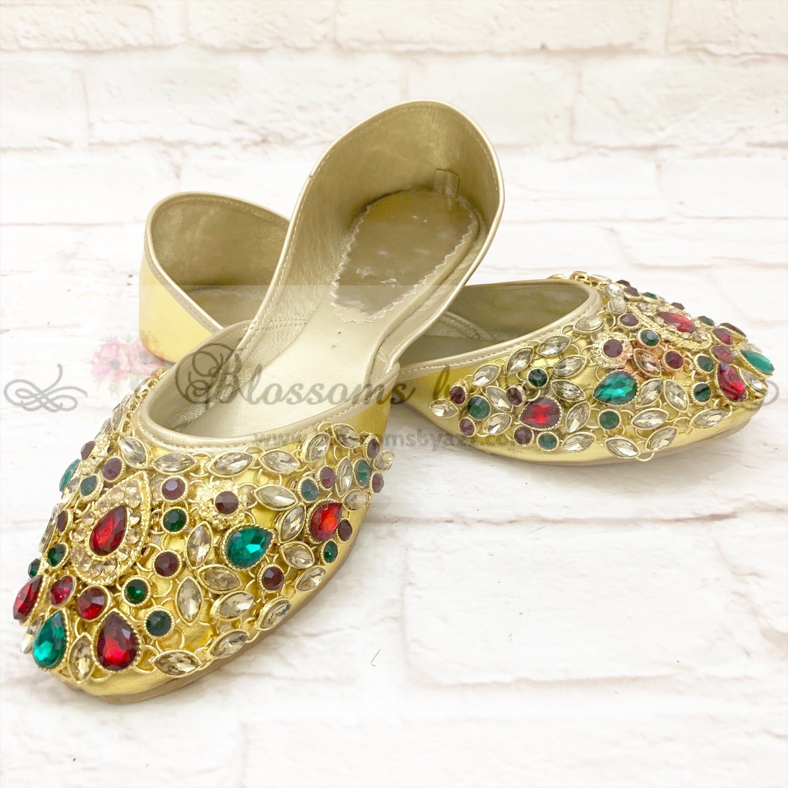 Stone Pumps (Khussa) - 007- Red with Sea Green - Blossoms by Azz