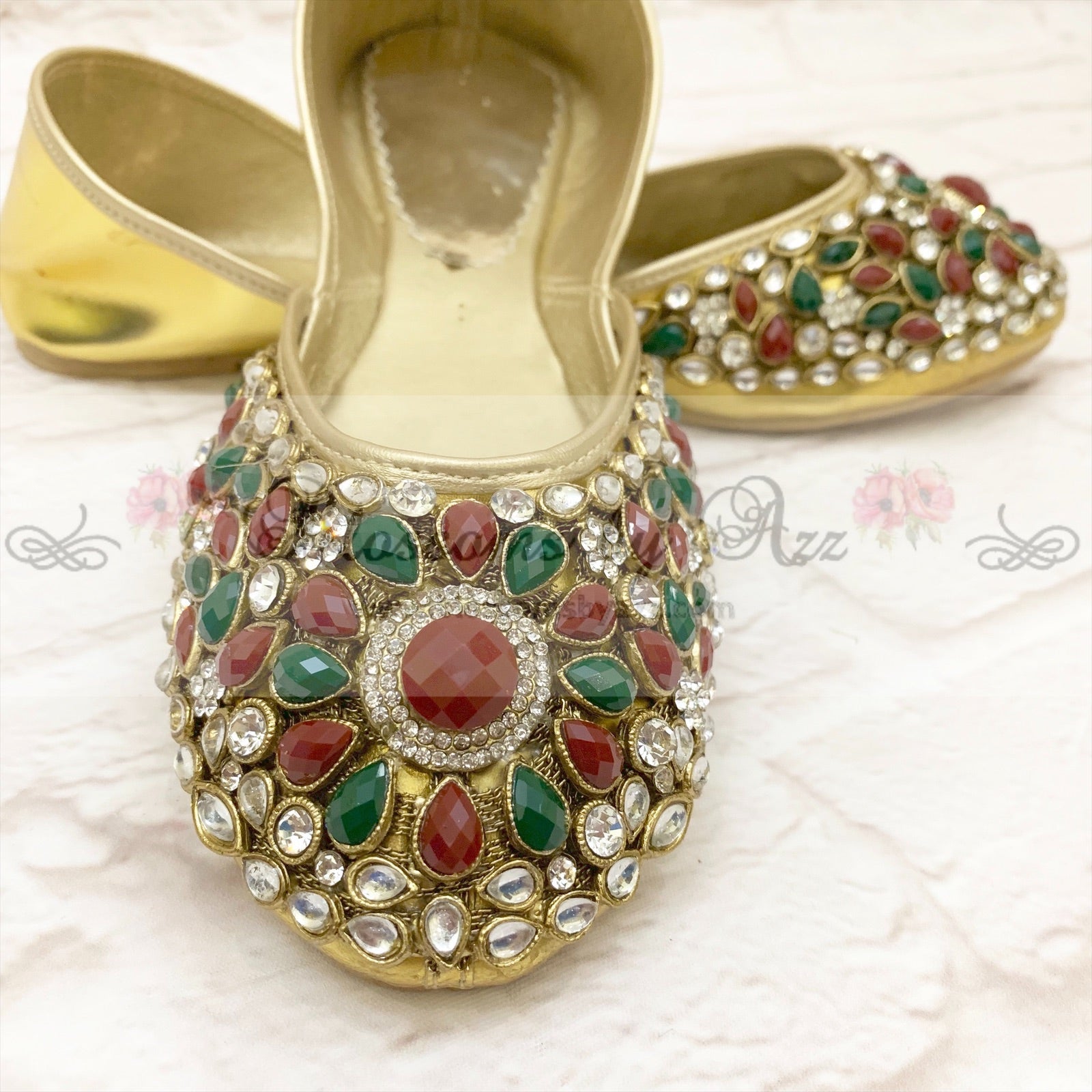Stone Pumps (Khussa) - 003- Red & Green - Blossoms by Azz