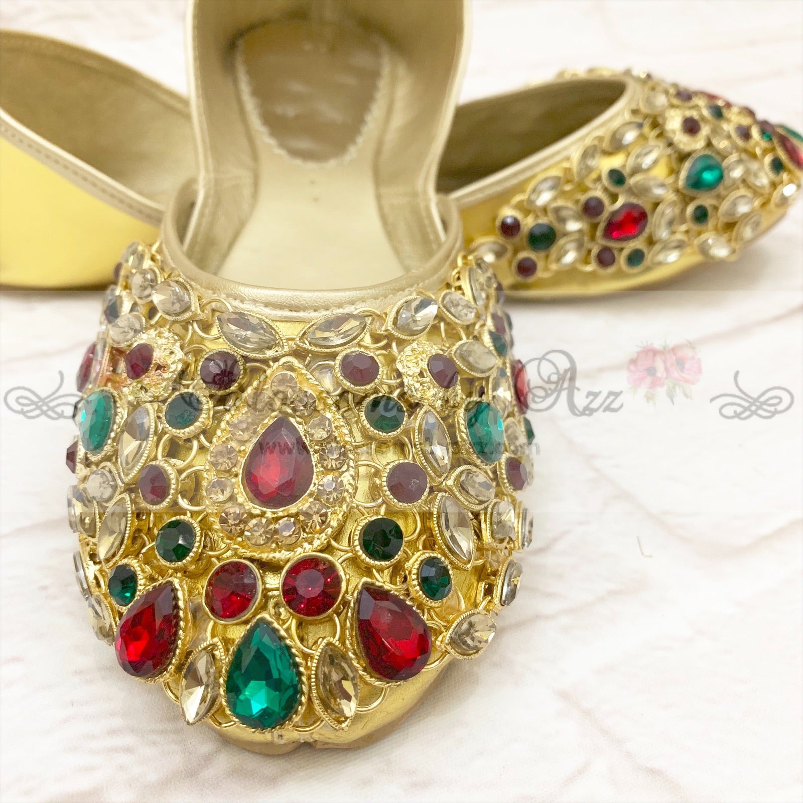 Stone Pumps (Khussa) - 007- Red with Sea Green - Blossoms by Azz