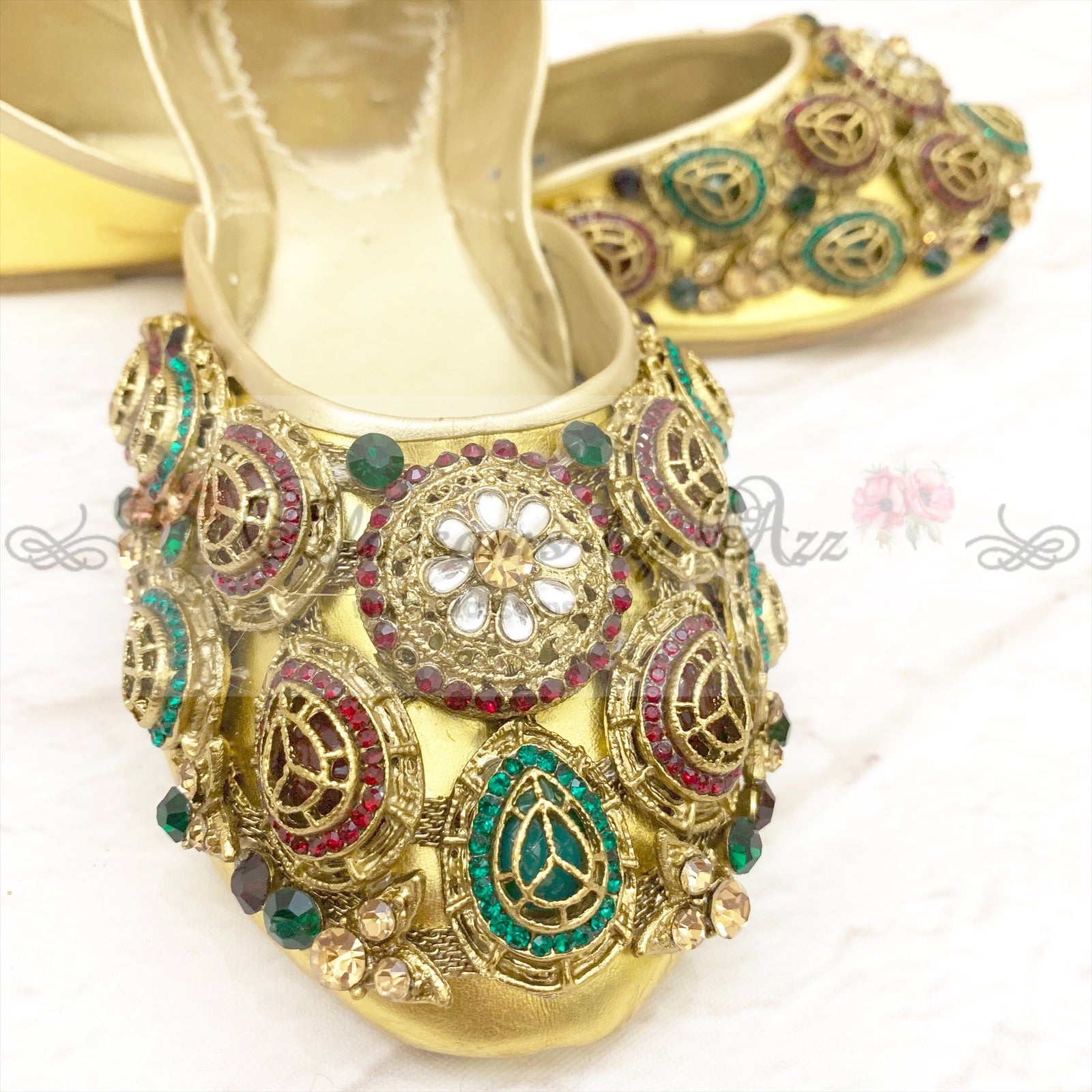 Stone Pumps (Khussa) - 005- Maroon & Green - Blossoms by Azz