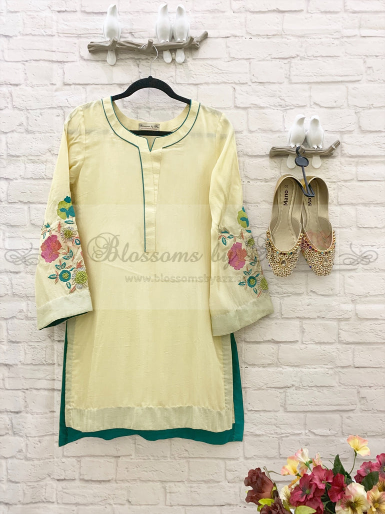 Lemon Cotton Silk Kurti With Zari & Thread Work - Blossoms by Azz