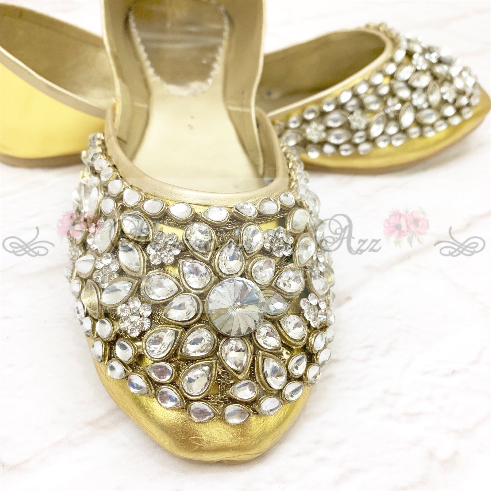 Stone Pumps (Khussa) - 006- White with Gold - Blossoms by Azz